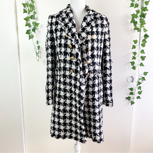 NWT Zara black and white houndstooth tweed coat size medium - Picture 2 of 7